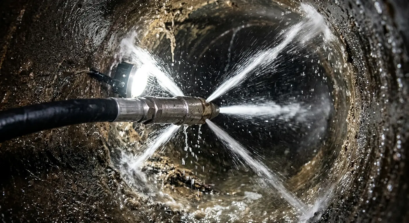 High-pressure hydro jetting nozzle cleaning sewer pipe for Trenchless Sewer Repair in Little Canada