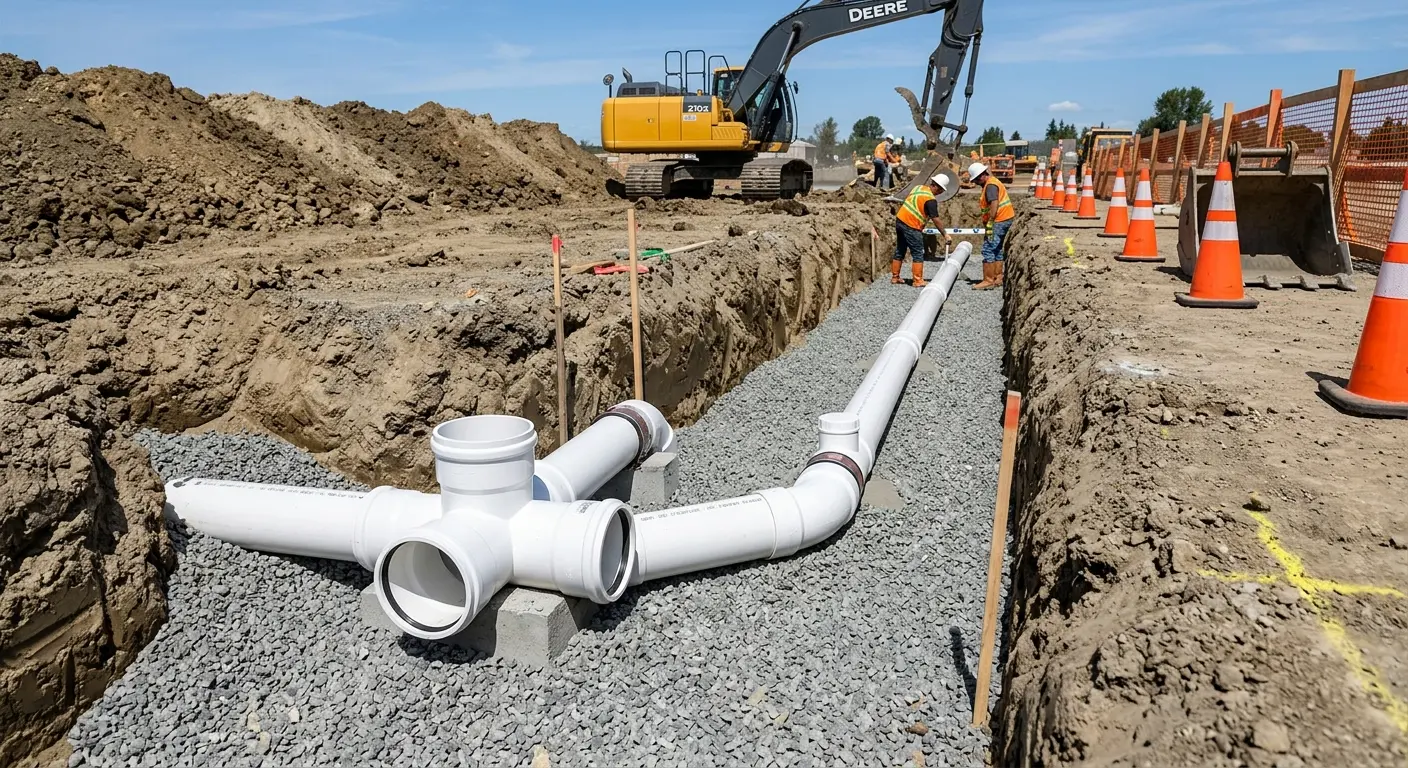 New PVC sewer pipe installation in open trench for Sewer Backup in Little Canada