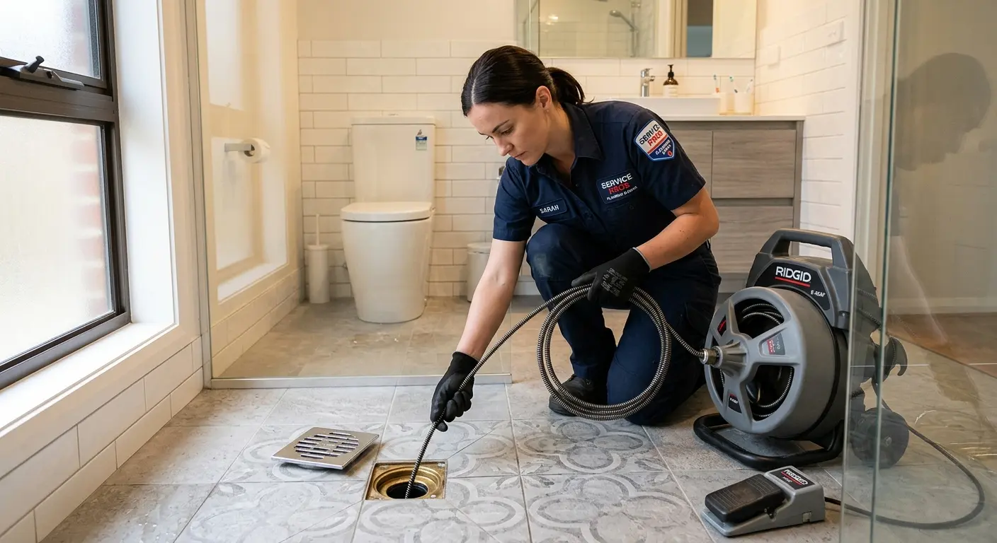 Technician clearing a bathroom floor drain for Drain Repair in Little Canada
